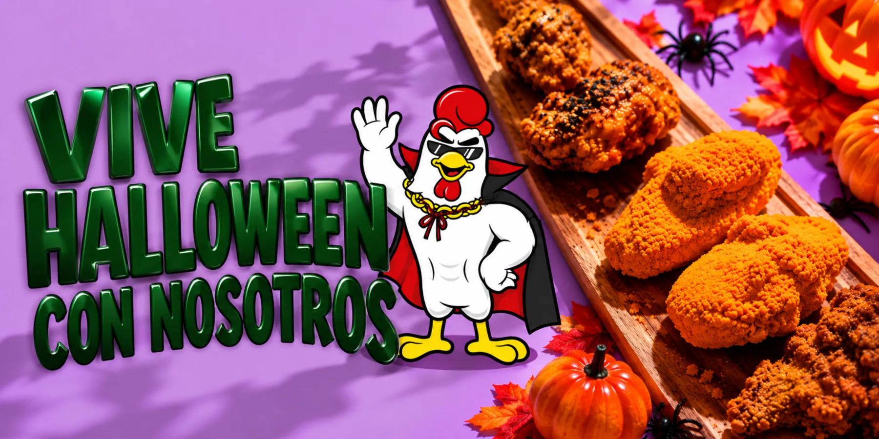 Vive Halloween con nosotros: la mascota de Up Chicken vestida de vampiro junto a pollo crujiente y calabazas