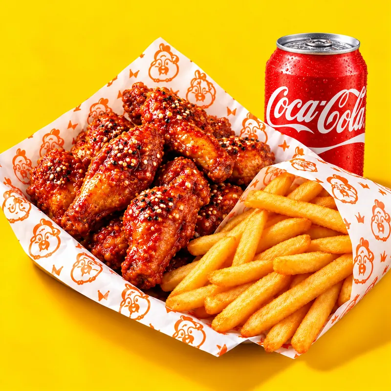 Combo alitas: alitas coreanas con salsa, patatas fritas y Coca-Cola