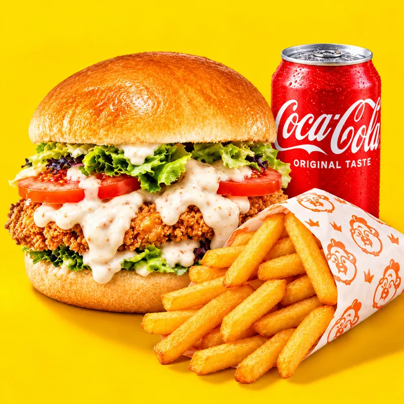 Combo hamburguesa de pollo frito con patatas fritas y Coca-Cola