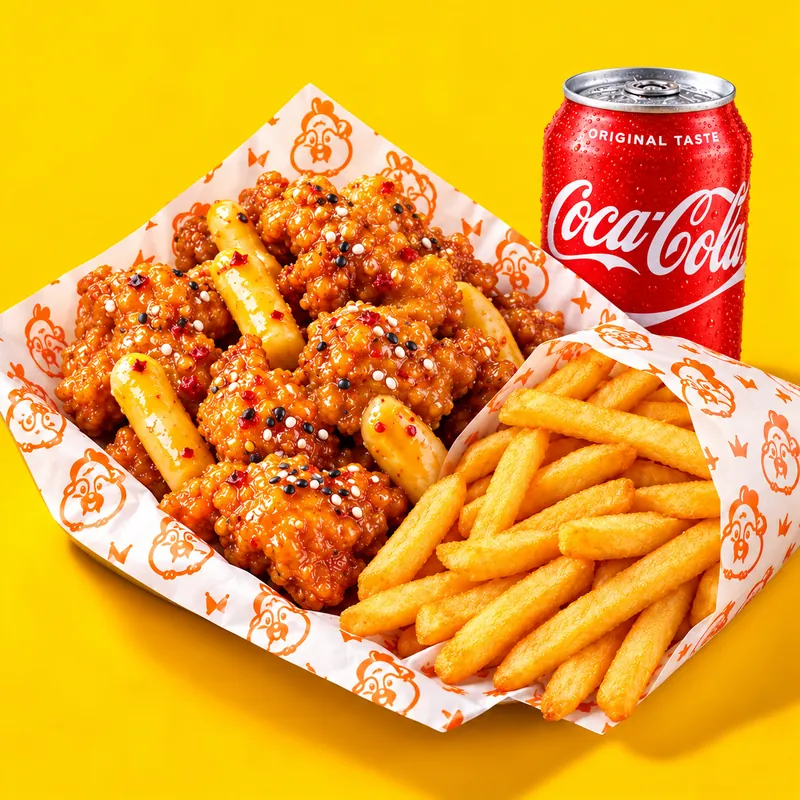 Combo pollo: trozos de contramuslo sin hueso con salsa, patatas fritas y Coca-Cola