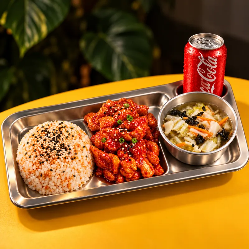 Bandeja con arroz, pollo coreano con salsa, sopa de wontons y refresco