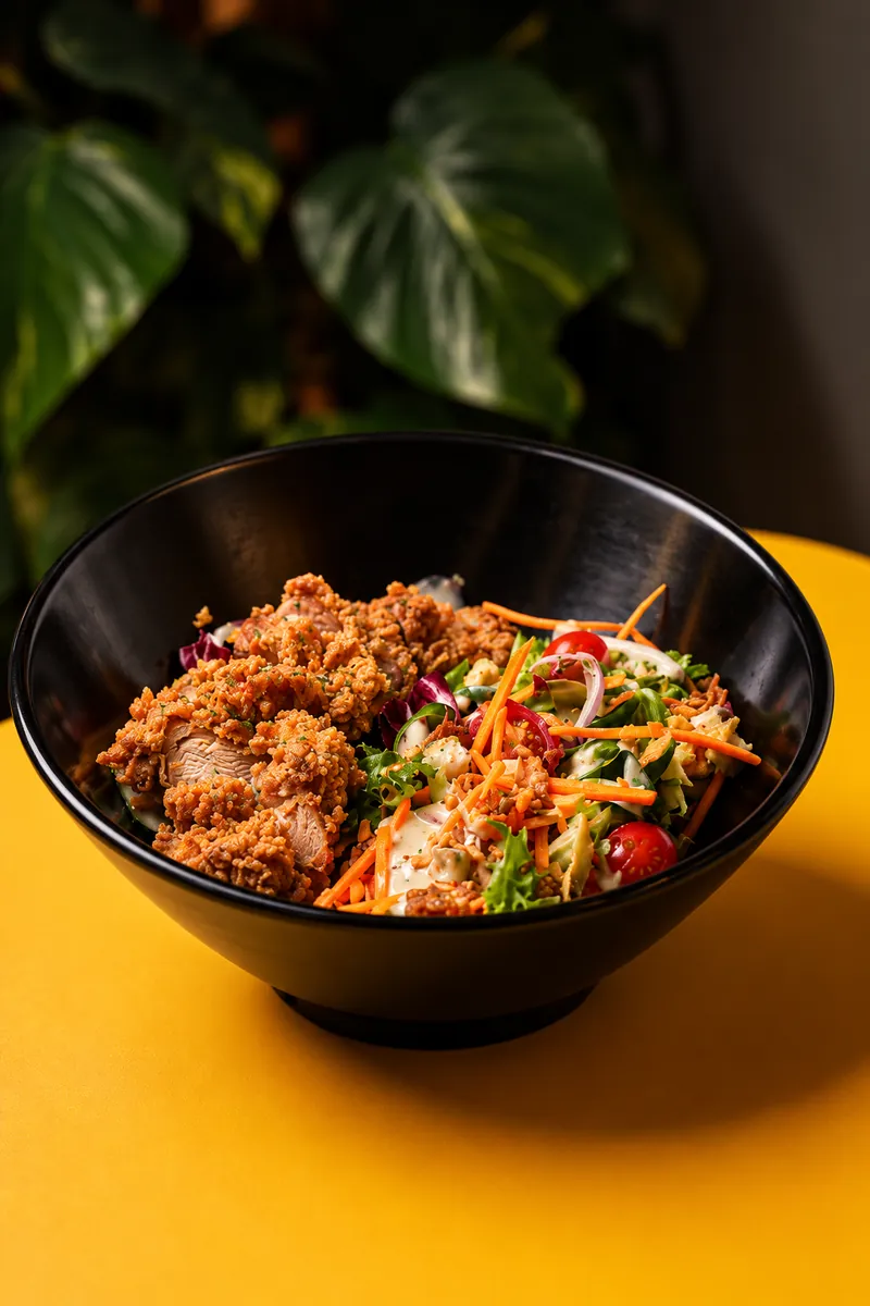 Ensalada de pollo crujiente en bol negro