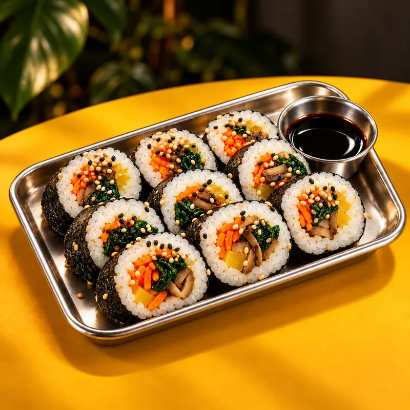 Kimbap de verduras en bandeja metálica con salsa de soja