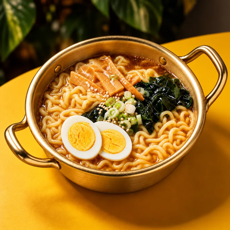 Ramen en olla dorada con huevo cocido y alga wakame