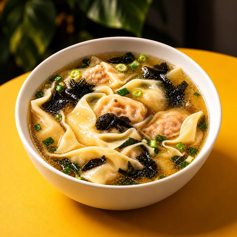 Sopa de wontons con alga nori y cebollino