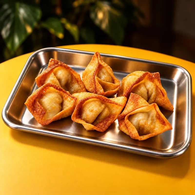 Wontons de pollo fritos en bandeja metálica