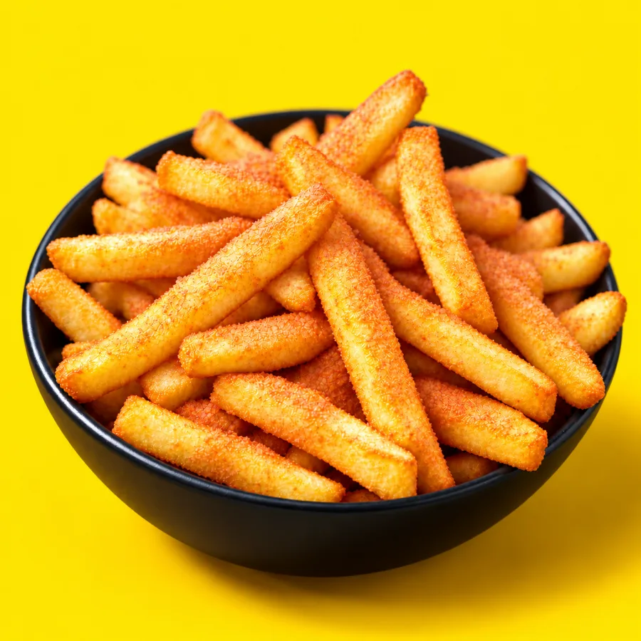 Patatas fritas con polvo de ciruela en bol negro