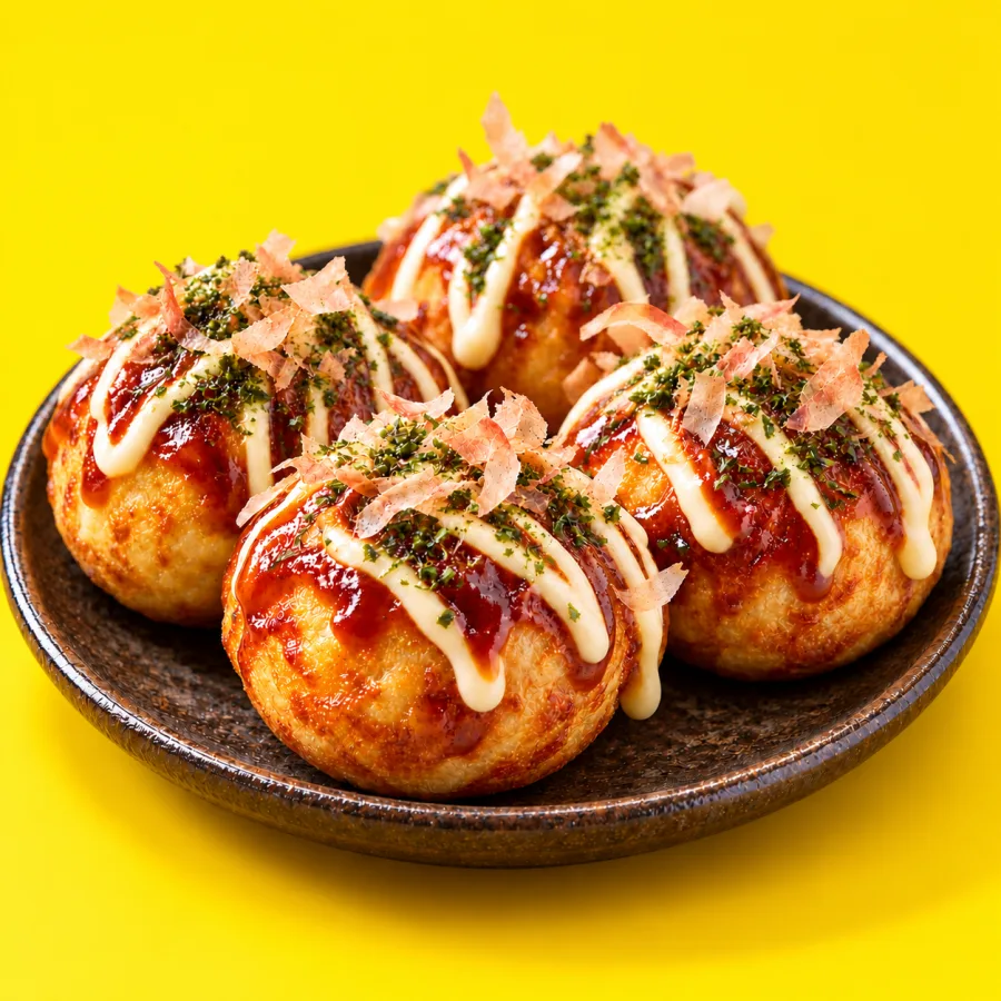 Takoyaki con salsa, mayonesa y bonito seco en plato rústico