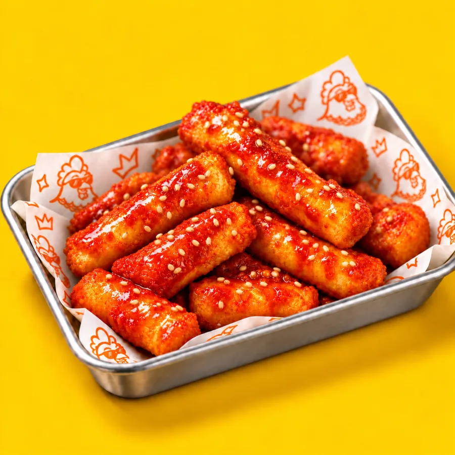 Tteokbokki frito cubierto de salsa Up roja